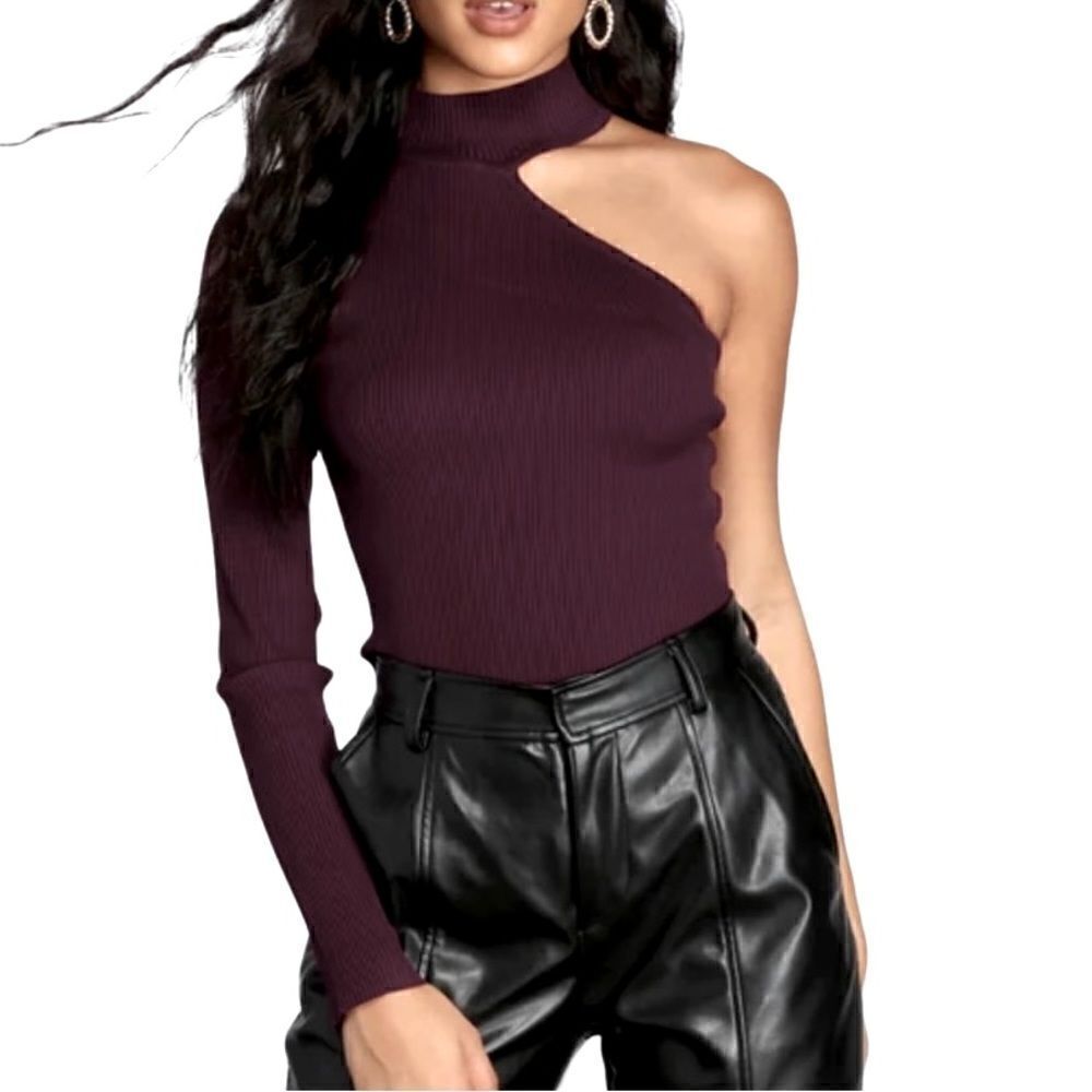 Heiny Collection Brown Mock Neck Cut Out One Shoulder Long Sleeve Shirt Sz Small